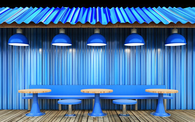 A blue and white restaurant with a blue wall and blue tables