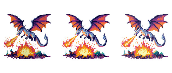 A pixelated dragon breathing fire, with a blue body and wings, destroyed the city