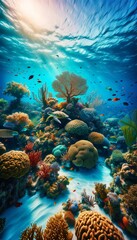  Vibrant underwater reef scene with turtles, fish, and sunlight streaming through water.