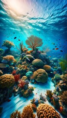 Fototapeta premium Vibrant underwater reef scene with turtles, fish, and sunlight streaming through water.
