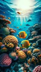 Vibrant underwater scene with tropical fish, corals, and sunbeams, environmental and marine life themes.