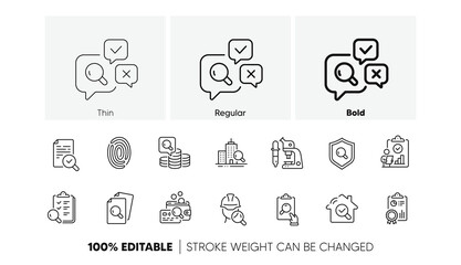 Quality research, Testing and Safety check icons. Inspection line icons. Microscope analysis, quality control and house verification. Inspect risk, safety research and fingerprint check. Vector