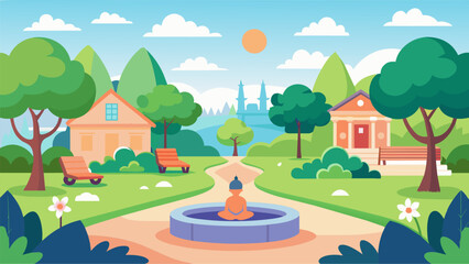 A tranquil park nestled within a busy residential neighborhood complete with designated meditation areas and soothing nature sounds..