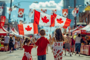 Joyful Family Celebrating Canada Day With Vibrant Flags and Festive Street Parade