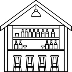 Black and White Illustration of Bar with Bottles and Stools, Vector, Illustrations