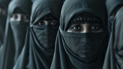 Intense portrait of women in black niqabs; deep look, strong cultural representation, diverse, inclusive themes.