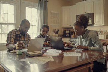 African-American Family Managing Finances and Schoolwork at Home
