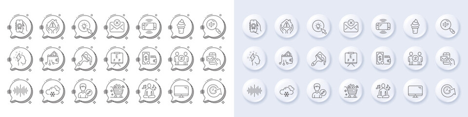 Game console, Sound wave and Digital wallet line icons. White pin 3d buttons, chat bubbles icons. Pack of Yoga music, Computer, Brush icon. Vector