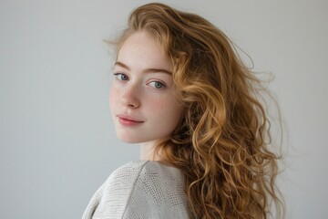 Naklejka premium Elegant Young Woman with Curly Hair and a Pensive Expression