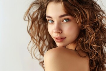 Naklejka premium Radiant Young Woman with Curly Hair and Captivating Gaze