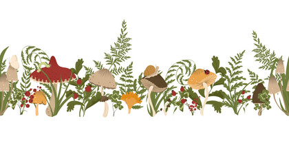 Mushroom border. Vector masking tapes with autumn mushrooms, fern leaves, berries. Seamless fall border with forest harvest. Adhesive tape design. White backgrounds. © Ekaterina Sumanosova