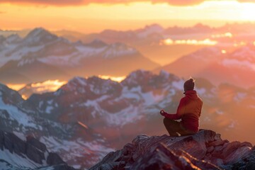Fototapeta premium Serene Mountain Summit Meditation at Sunrise with Vivid Skies