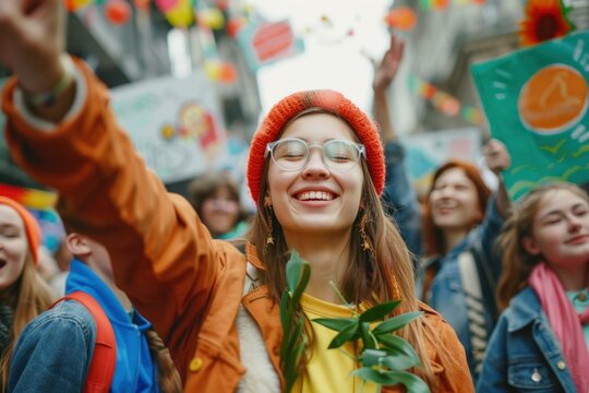 Energetic Young Woman at Climate Change Rally with Group of Activists