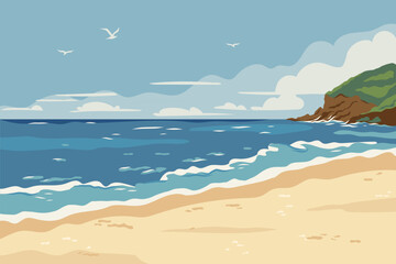 Cartoon summer beach. Landscape with sea coast, sand beach, sky and rocks. Horizontal seaside with sandy ocean shore and clouds on horizon. Seashore panoramic view. Flat vector background illustration