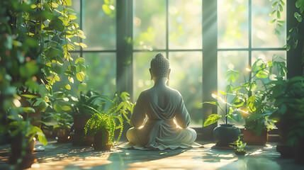 Cartoon 3D individual meditating with indoor plants around, peaceful green background