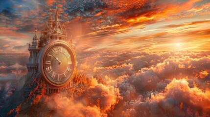 A 3D rendered clock set against a vibrant golden hour sky, symbolizing the passage of time with vivid colors and deep shadows