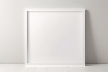 Weißes Rahmenmodell im Innenraum auf weißem Wandhintergrund. Vorlagenrahmen für Text. Poster-Attrappe. Rechteckiges Wandbild oder Fotorahmen-Attrappe