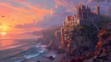 Naklejka premium A medieval castle on a cliff overlooking the ocean, with knights and dragons. Medieval castle, cliffside setting, ocean view, knights, dragons, epic fantasy. Resplendent.