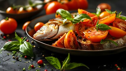 Healthy omega3 rich foods fish tomatoes veggies Caprese salad tomato bruschetta on black. Concept...