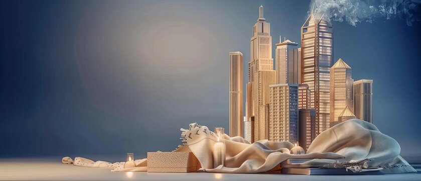 Architectural 3D model of futuristic city with skyscrapers and innovative design elements, isolated on a white background
