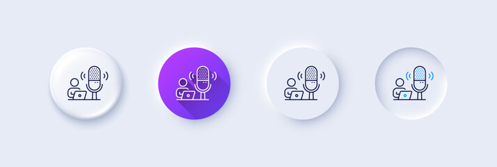 Podcast line icon. Neumorphic, Purple gradient, 3d pin buttons. Studio mic sign. Voice record microphone symbol. Line icons. Neumorphic buttons with outline signs. Vector