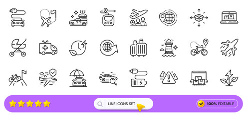 Metro, Web inventory and Destination flag line icons for web app. Pack of Plane, Baby carriage, World globe pictogram icons. Charging time, Eco power, Online storage signs. World travel. Vector