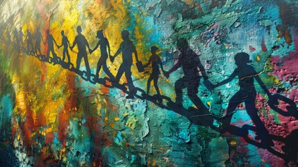 A painting of a group of people holding hands in a line. The painting is colorful and has a sense of unity and togetherness