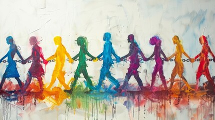 A painting of a group of people holding hands and one person is chained. The painting is colorful and has a message of unity and freedom