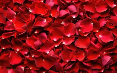 A pile of vibrant red rose petals scattered around a full bloom.