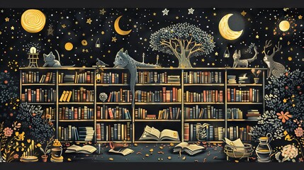 The image is a whimsical illustration of a library filled with books, cats, and magical creatures