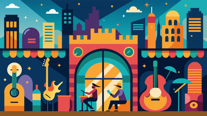 A vibrant mural on the front of the music bar depicting a bustling city scene with music notes and instruments woven into the artwork. Vector illustration