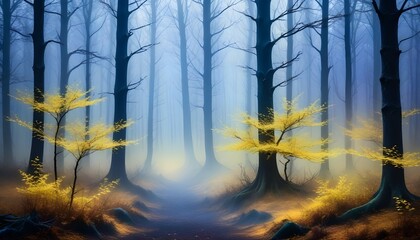 Scary mysterious forest in fog in autumn. Magic trees. Nature misty landscape