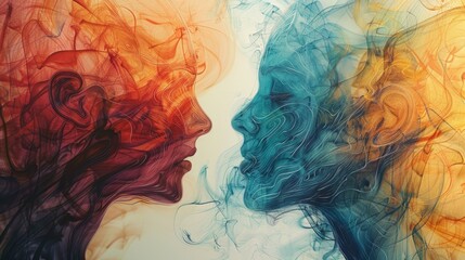 Two faces with one blue and one red. The blue face is smiling and the red face is frowning