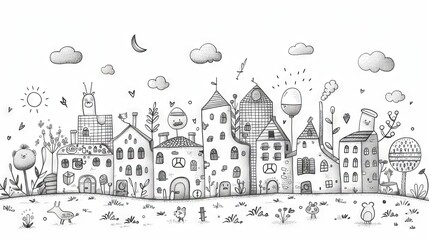 The whimsical black and white illustration features an array of charming houses adorned with flowers, each possessing its own unique character.