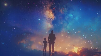 Silhouette of a father and child combined with magical starry skies