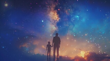 Obraz premium Silhouette of a father and child combined with magical starry skies