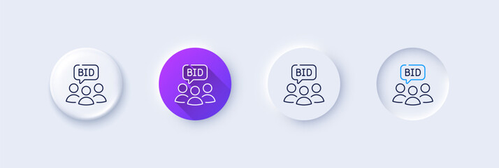 Auction line icon. Neumorphic, Purple gradient, 3d pin buttons. Bid offer sign. Raise the price up symbol. Line icons. Neumorphic buttons with outline signs. Vector