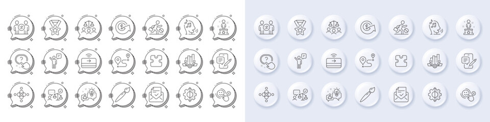 Transform, Teamwork chart and Lawyer line icons. White pin 3d buttons, chat bubbles icons. Pack of Agent, Contactless payment, Dollar exchange icon. Vector