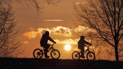 Father and child silhouette riding bikes in the park