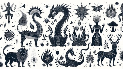 A set of hand drawn vintage illustrations of mythical creatures and other symbols.