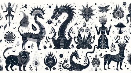 Fototapeta premium A set of hand drawn vintage illustrations of mythical creatures and other symbols.