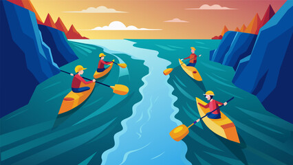 A team of canoeists working together to navigate a particularly narrow and rocky section of the slalom course.. Vector illustration