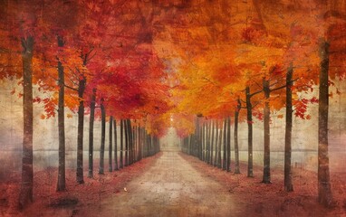 A vibrant autumn pathway lined with fiery red and orange trees.