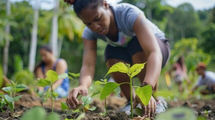 Fototapeta premium A woman is planting a tree with two other people