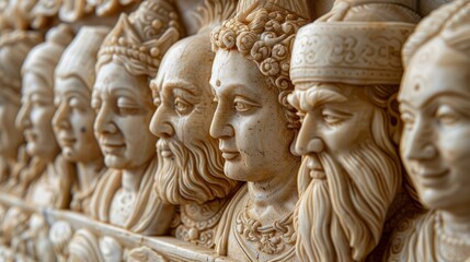 Obraz premium A group of statues of men and women with one of the men wearing a beard. The statues are all white and arranged in a row