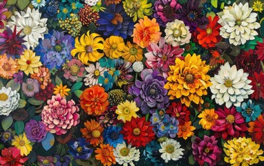 A vibrant mosaic of multicolored daisies, chrysanthemums, and dahlias.