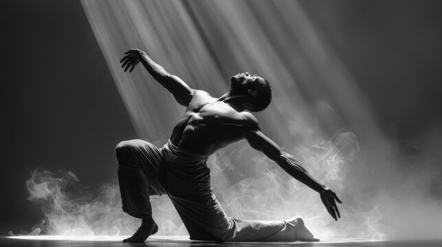 A man is dancing in the air with smoke surrounding him. Scene is energetic and dynamic