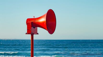 Red Megaphone Overlooking the Ocean. Vivid image of a bright red megaphone mounted on a post, facing the expansive blue ocean under a clear sky.