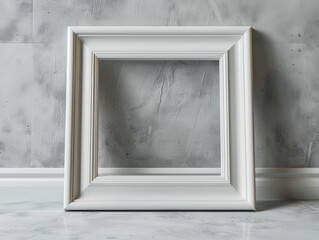 A white frame with a black border sits on a concrete floor