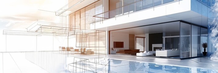 A detailed drawing of an elegant house with a sparkling pool in the foreground. The architecture is modern and inviting, perfect for a luxurious lifestyle. Generative AI